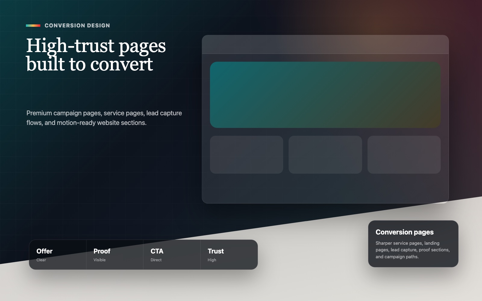 Conversion website design mockup with clear hero, proof sections, and lead capture