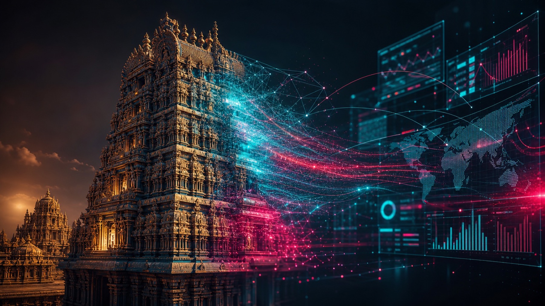 Meenakshi Amman Temple-inspired Madurai architecture transforming into AI data systems and global growth dashboards