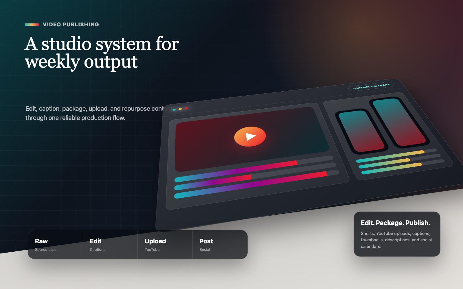 Video publishing system with edit panels, captions, upload flow, and calendar tiles